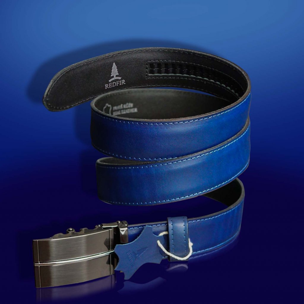 Men's blue Universe leather belt with Gunmetal elegance buckle